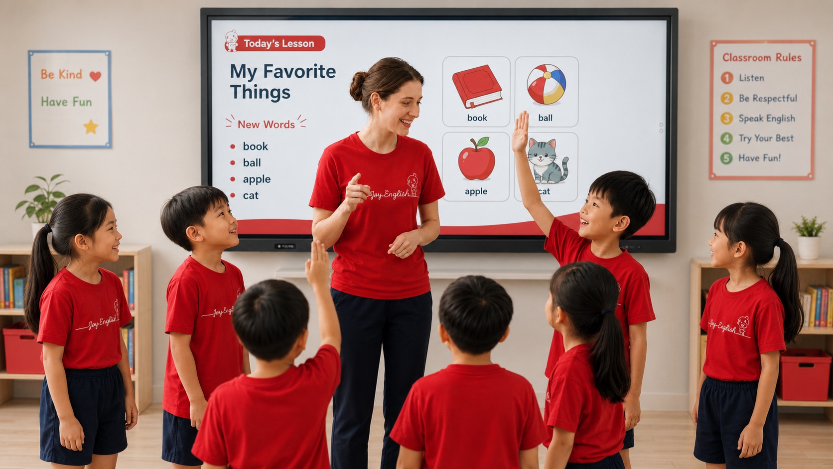 佳音英語外師帶著孩子上『My Favorite Things』單字課，孩子舉手搶答開口說英文